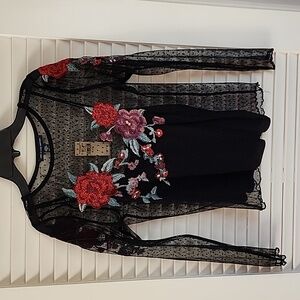 American Eagle black mesh top with embroidered flowers Size S